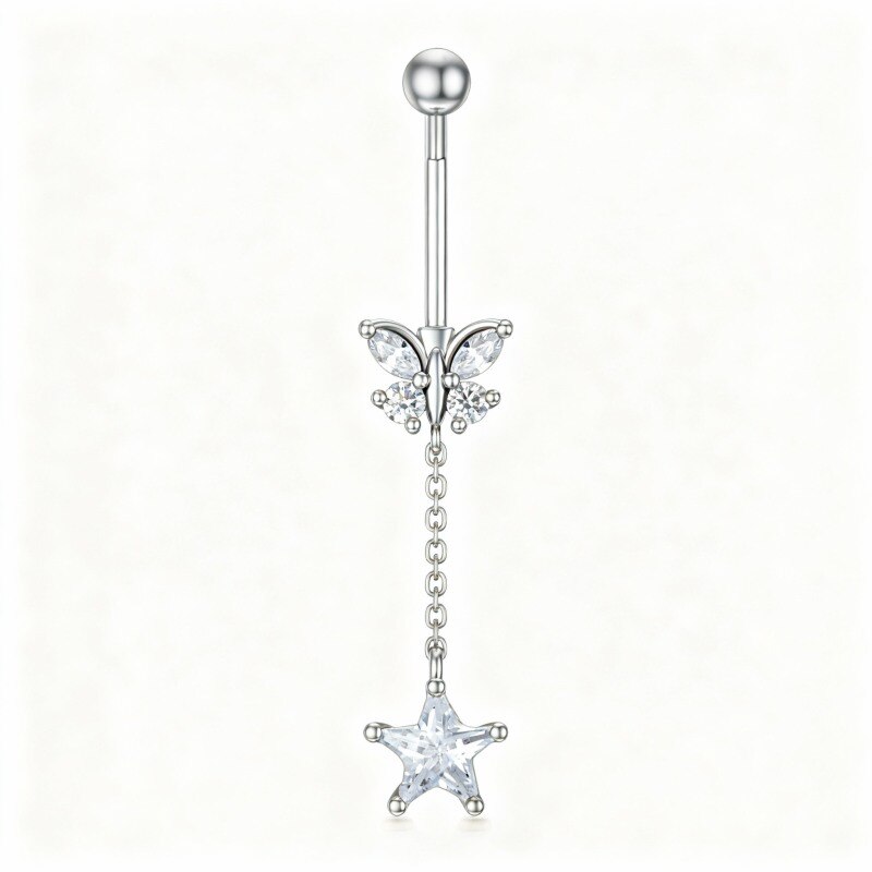 Piercing para el ombligo de oro blanco de 14 quilates con circonitas cúbicas y forma de mariposa y estrella-1