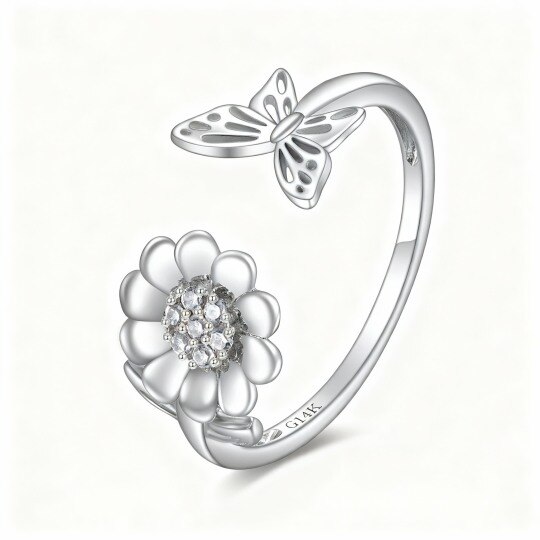 10K White Gold Cubic Zirconia Butterfly & Sunflower Open Ring