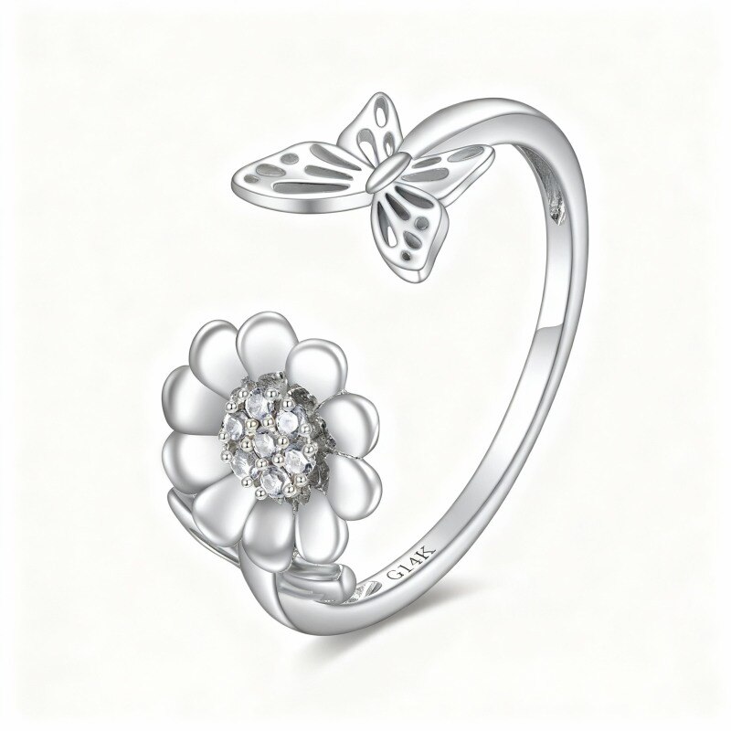 Anillo abierto de oro blanco de 10 quilates con mariposa y girasol y circonitas cúbicas-14