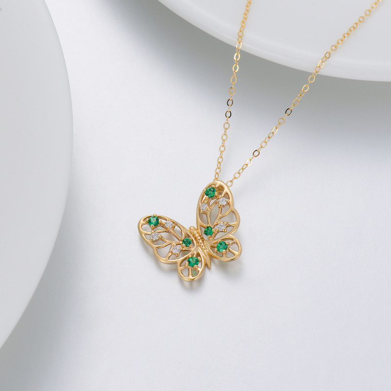 Halskette aus 14-karätigem Gold mit Zirkonia-Anhänger in Form eines Schmetterlings und Lebensbaums-3
