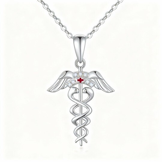 Halskette mit Caduceus-Anhänger aus 10-karätigem Weißgold und Zirkonia