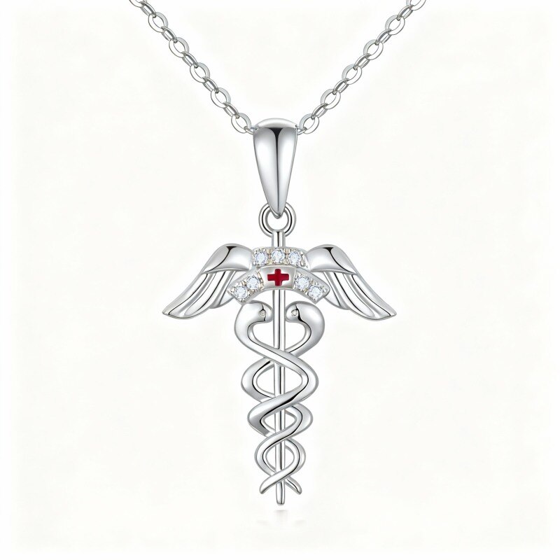 Collar con colgante de caduceo de oro blanco de 10 quilates y circonitas cúbicas-17