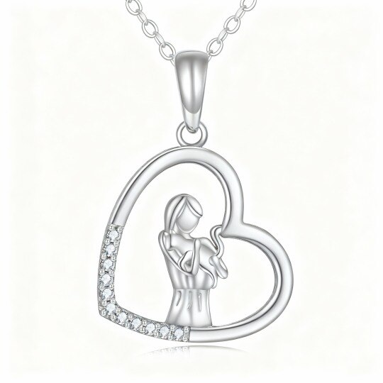 Collar con colgante de gato y corazón de oro blanco de 10 quilates con circonitas cúbicas