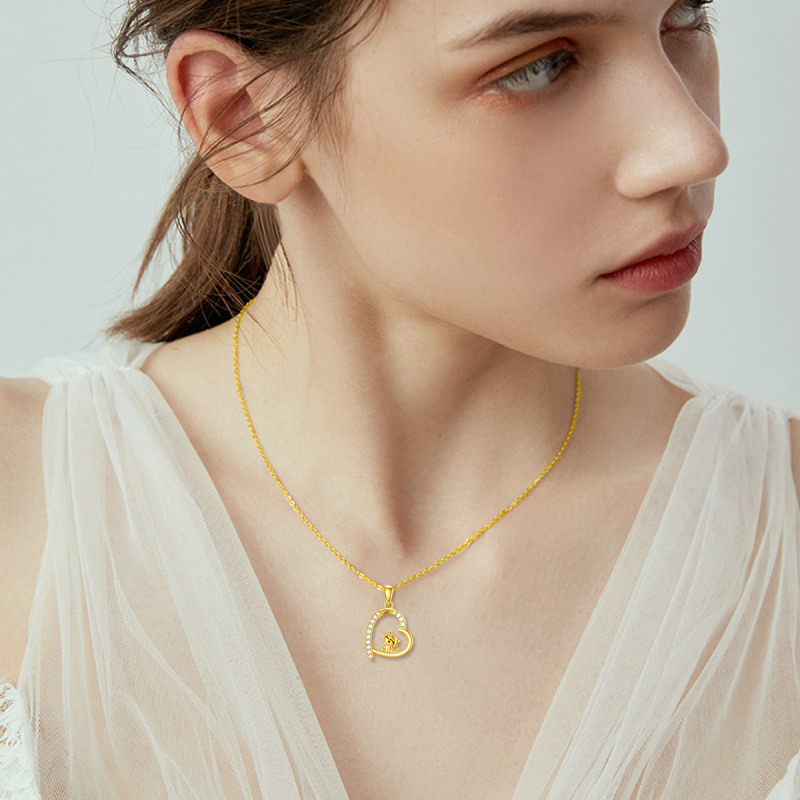 Collar de oro de 10 quilates con circonitas cúbicas, gato y corazón para mujer-2