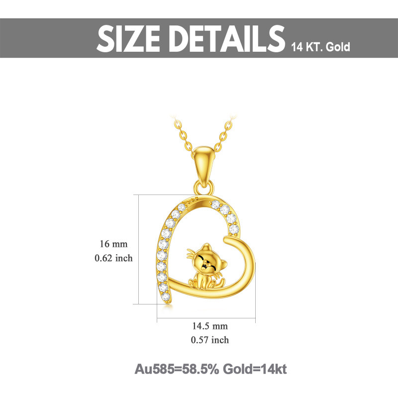 Collar de oro de 10 quilates con circonitas cúbicas, gato y corazón para mujer-5