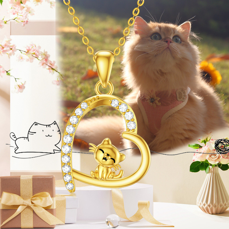 Collar de oro de 10 quilates con circonitas cúbicas, gato y corazón para mujer-6