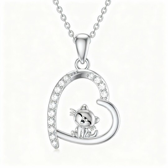 Collier pendentif chat et cœur en or blanc 10 carats et zircon cubique