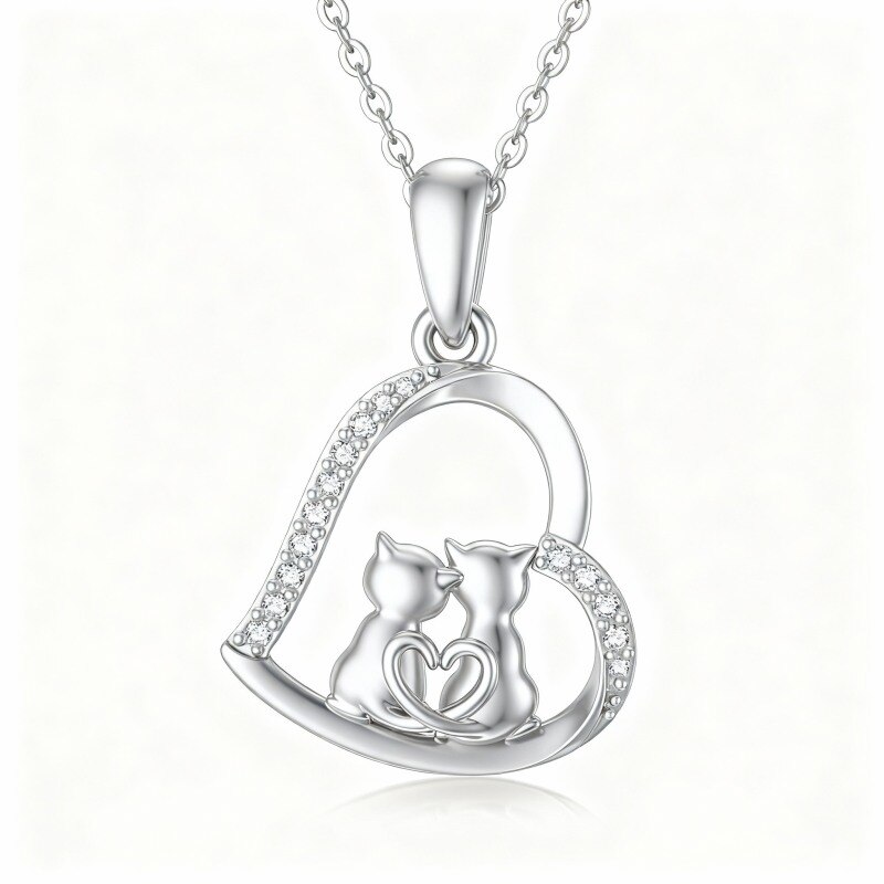 Collier pendentif chat et cœur en or blanc 10 carats et zircon cubique-13