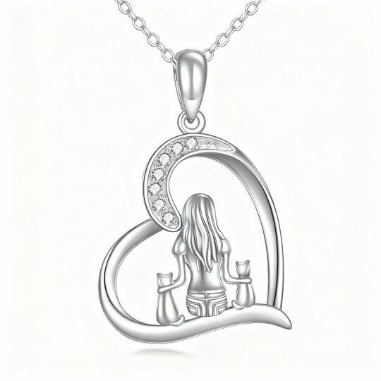 Collar con colgante de gato y corazón de oro blanco de 10 quilates con circonitas cúbicas