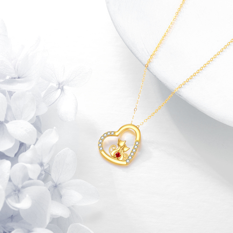 Collar con colgante de dos gatos y un corazón en oro de 14 quilates con circonitas cúbicas-4