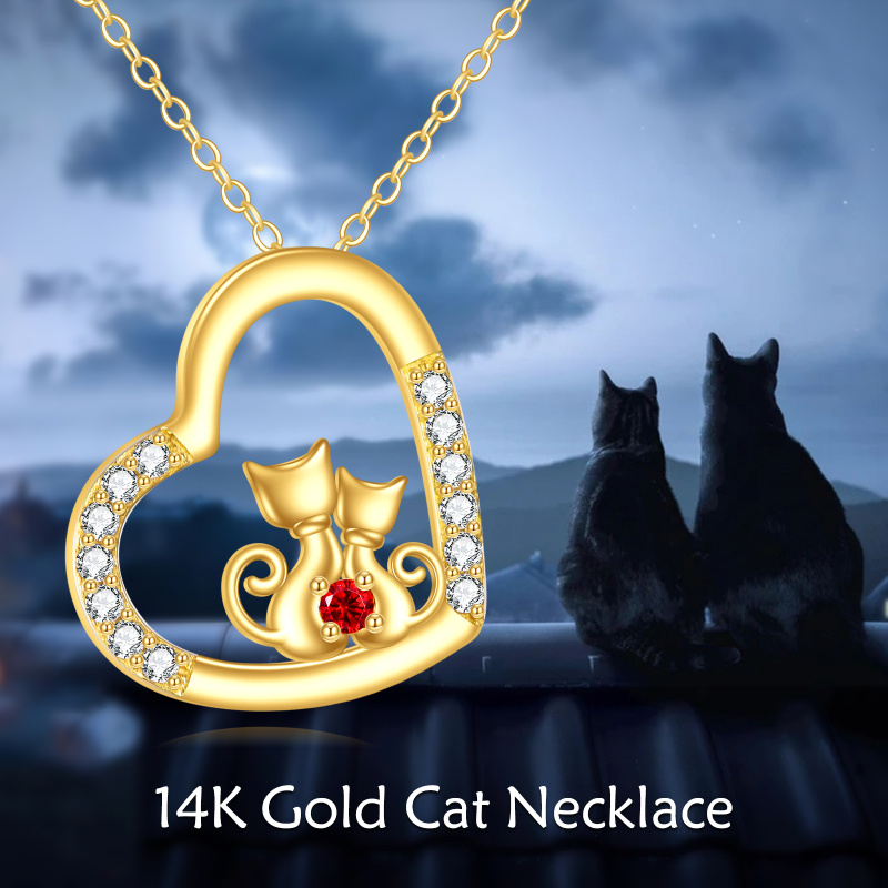 Collar con colgante de dos gatos y un corazón en oro de 14 quilates con circonitas cúbicas-6