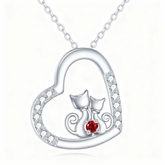 Collar con colgante de gato y corazón de oro blanco de 10 quilates con circonitas cúbicas
