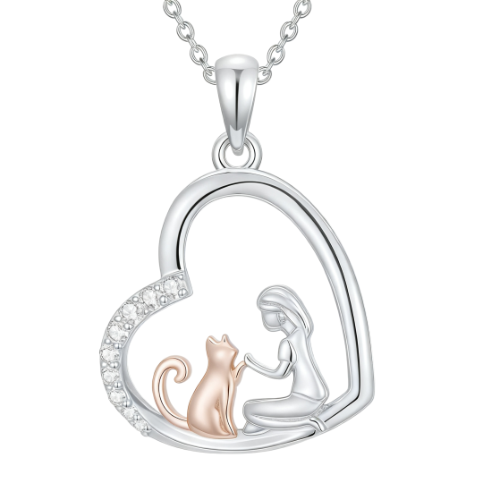10K White Gold Cubic Zirconia Cat & Heart Pendant Necklace