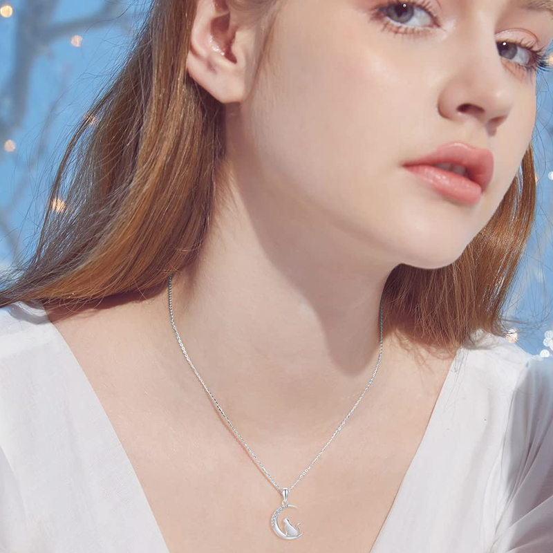 Collar de oro blanco de 10 quilates con circonitas cúbicas, diseño de gato y luna, para mujer-2