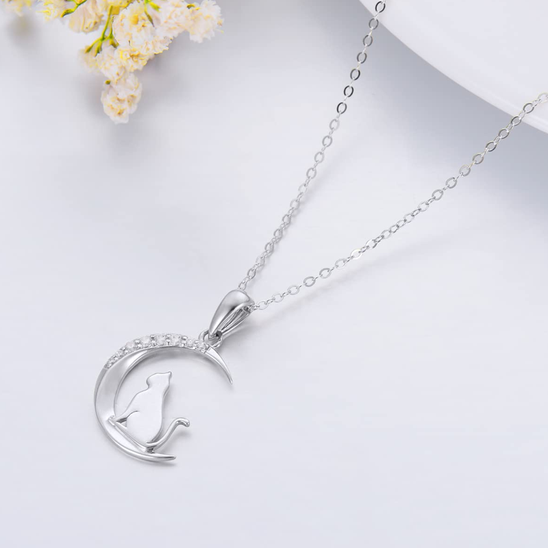 Collar de oro blanco de 10 quilates con circonitas cúbicas, diseño de gato y luna, para mujer-3