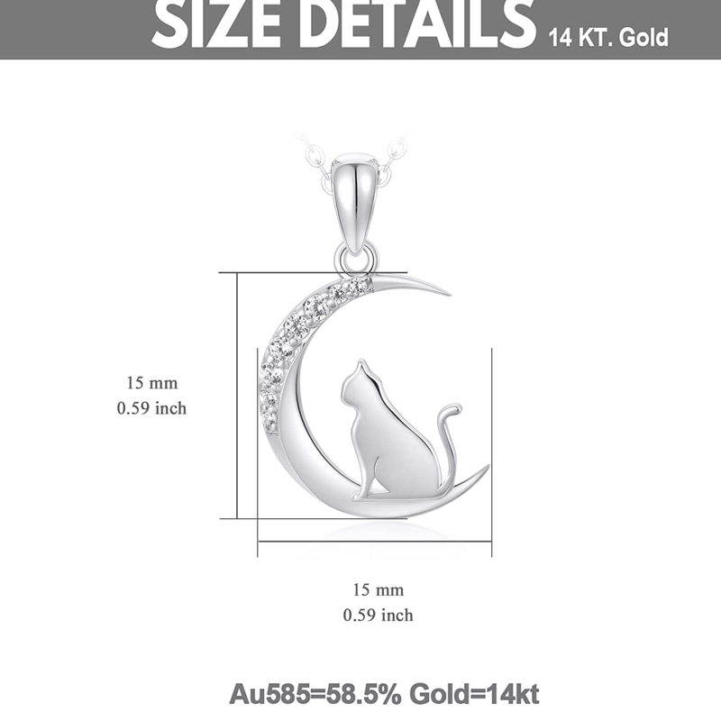 Collar de oro blanco de 10 quilates con circonitas cúbicas, diseño de gato y luna, para mujer-4