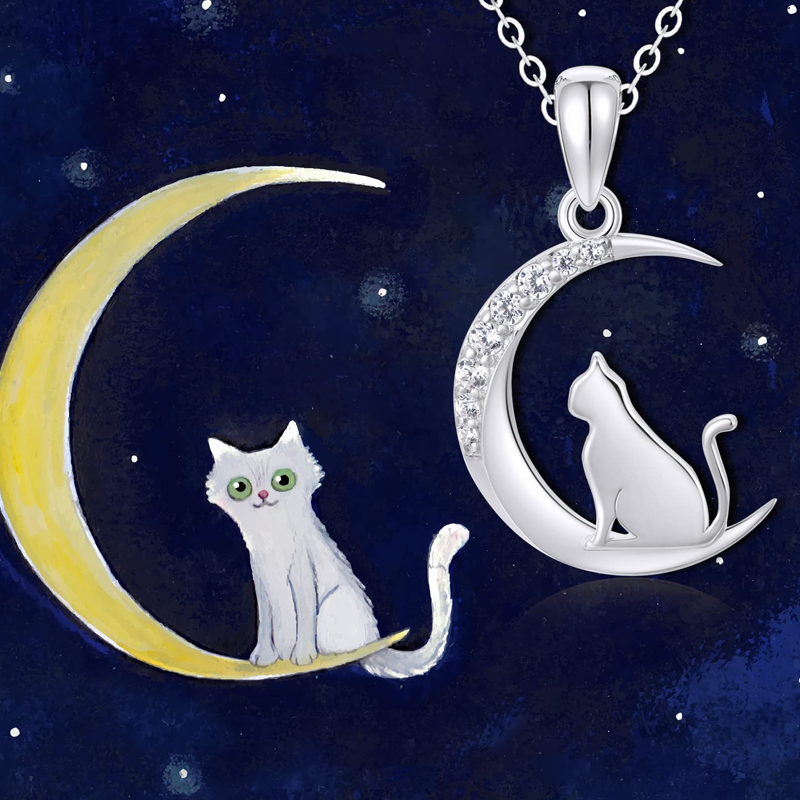 Collar de oro blanco de 10 quilates con circonitas cúbicas, diseño de gato y luna, para mujer-5