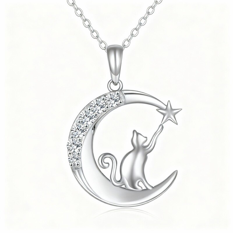 Colar com pendente de lua e gato em prata de lei com zircónias cúbicas-12