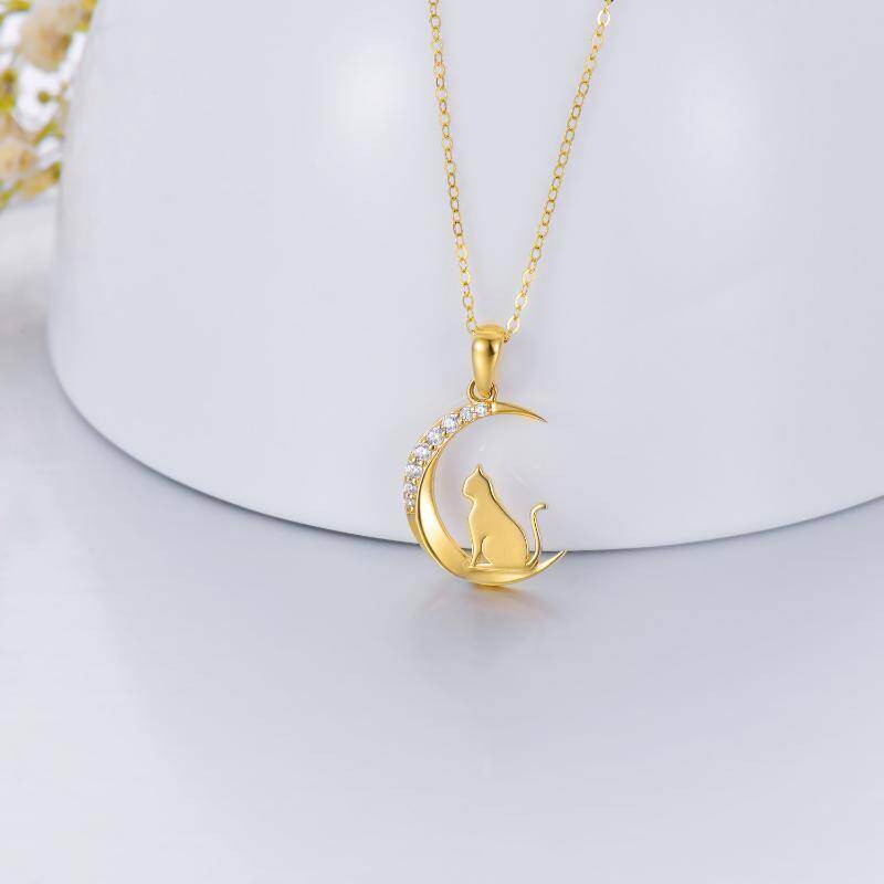 10K White Gold Cubic Zirconia Cat & Moon Pendant Necklace-3