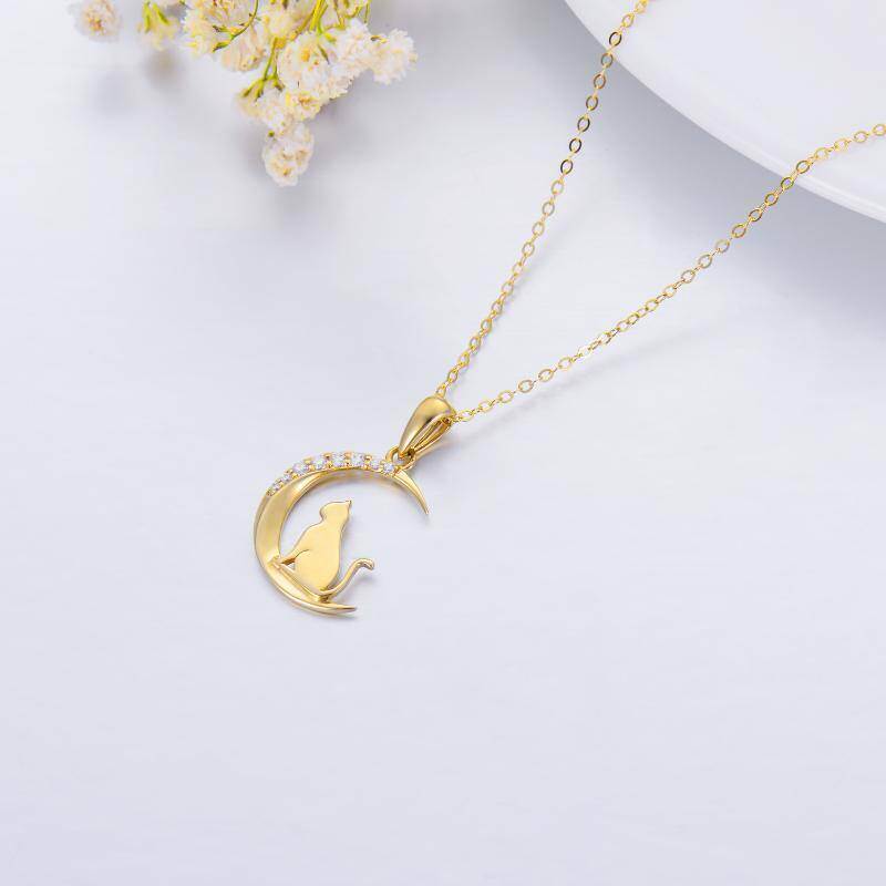 10K White Gold Cubic Zirconia Cat & Moon Pendant Necklace-4