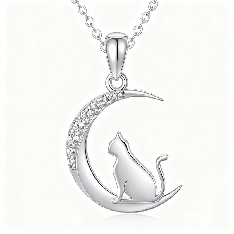 10K White Gold Cubic Zirconia Cat & Moon Pendant Necklace-1
