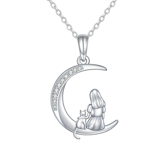 Collar con colgante de gato y luna de oro blanco de 10 quilates con circonitas cúbicas.