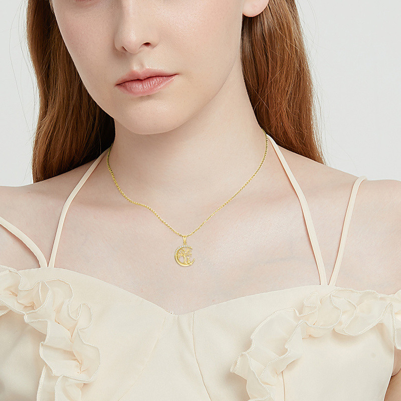 Collar con colgante de gato, árbol de la vida y luna en oro de 14 quilates con circonitas cúbicas-2