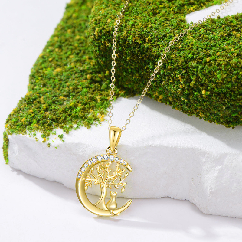 Collar con colgante de gato, árbol de la vida y luna en oro de 14 quilates con circonitas cúbicas-3