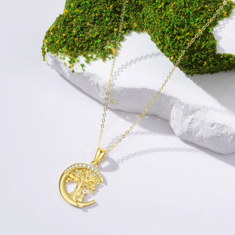 Collar con colgante de gato, árbol de la vida y luna en oro de 14 quilates con circonitas cúbicas-4