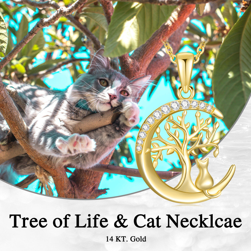 Collar con colgante de gato, árbol de la vida y luna en oro de 14 quilates con circonitas cúbicas-6