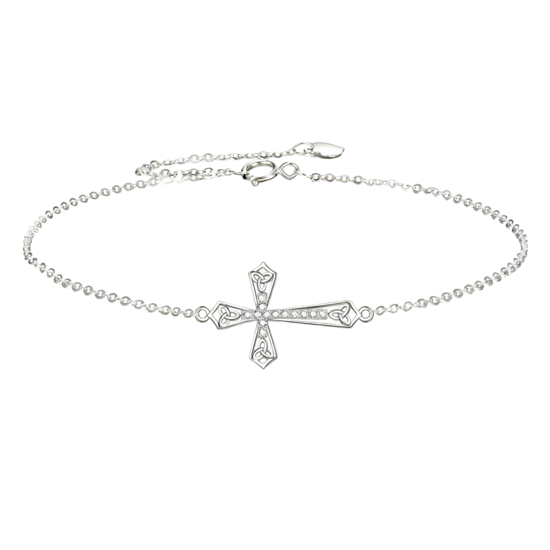 Armband aus 10-karätigem Weißgold mit Zirkonia und keltischem Knoten- und Kreuzanhänger-1