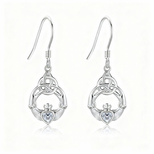 Boucles d'oreilles pendantes en or blanc 10 carats et zirconiums cubiques, motif nœud celtique