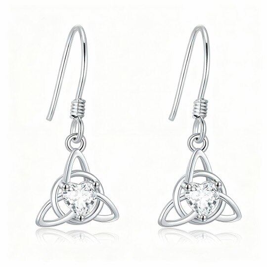Boucles d'oreilles pendantes en or blanc 10 carats et zirconiums cubiques, motif nœud celtique