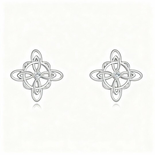 Boucles d'oreilles puces en or blanc 10 carats et zircon cubique, motif nœud celtique