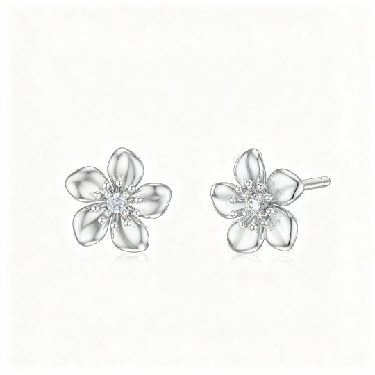 10K White Gold Cubic Zirconia Cherry Blossom Stud Earrings