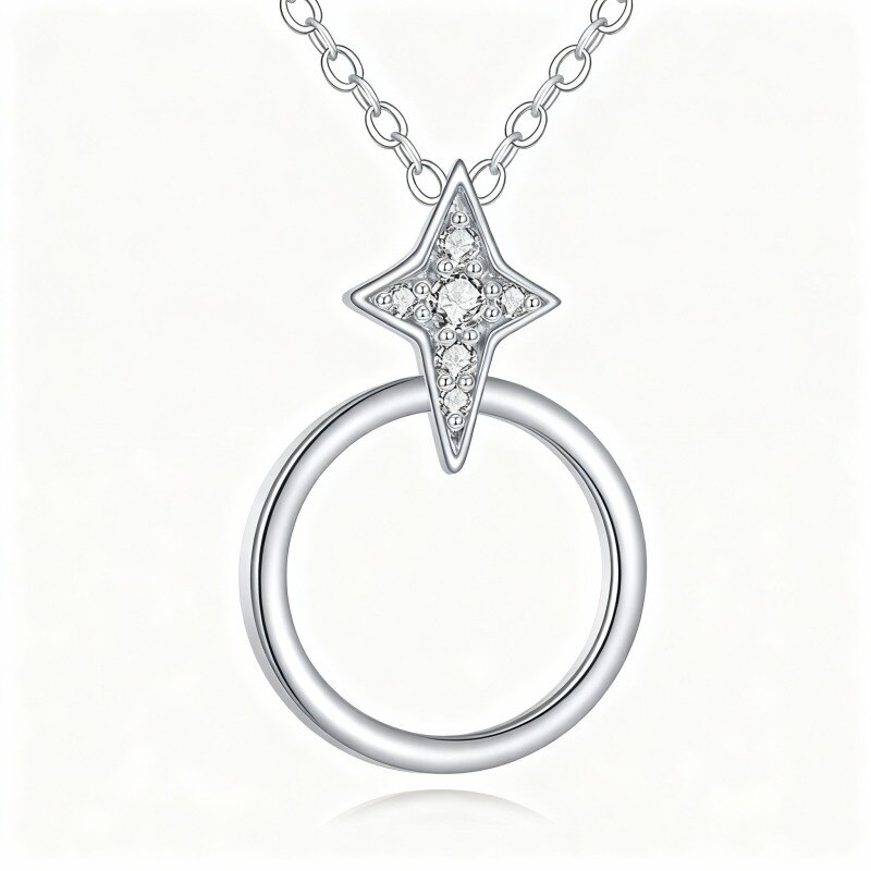 Collar con colgante de círculo y estrella de circonita cúbica en oro blanco de 14 quilates-1