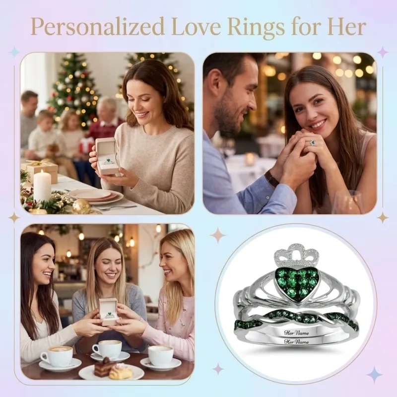 Bague de fiançailles Claddagh et cœur en or blanc 14 carats et zircon cubique-5