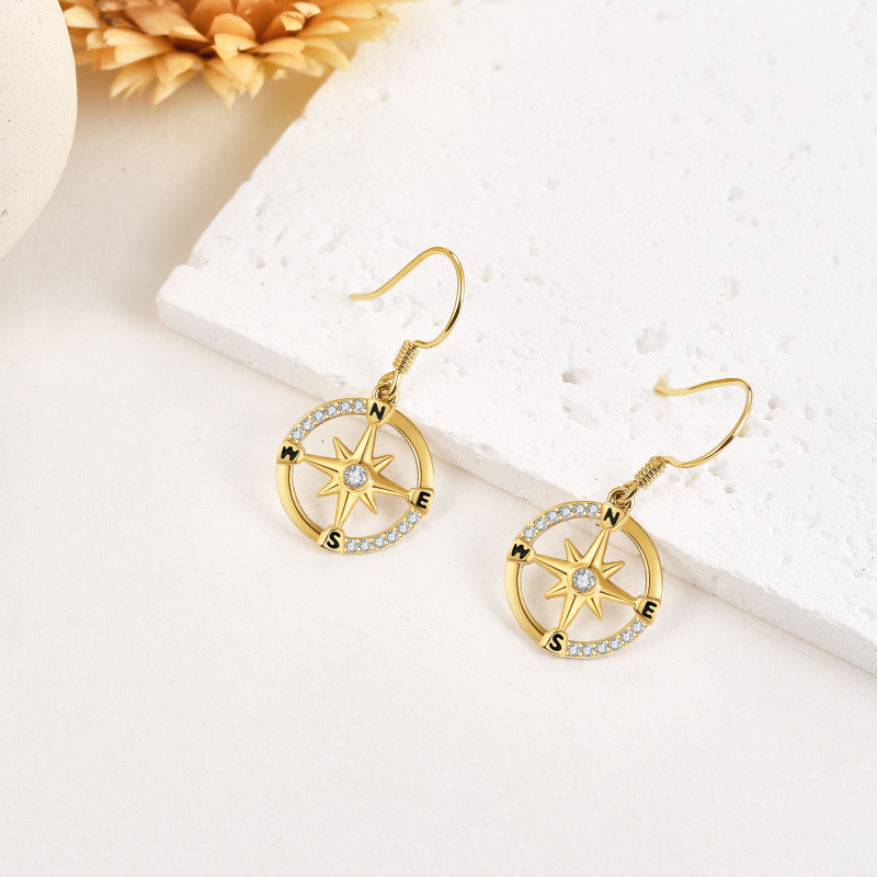 Pendientes colgantes de brújula con circonitas cúbicas en oro blanco de 18 quilates-3