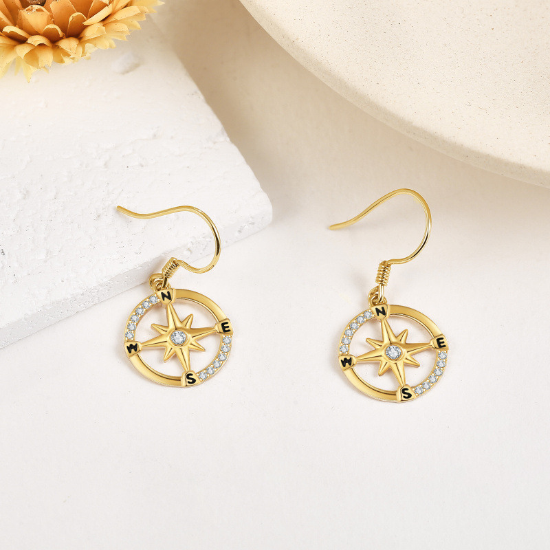 Pendientes colgantes de brújula con circonitas cúbicas en oro blanco de 18 quilates-4
