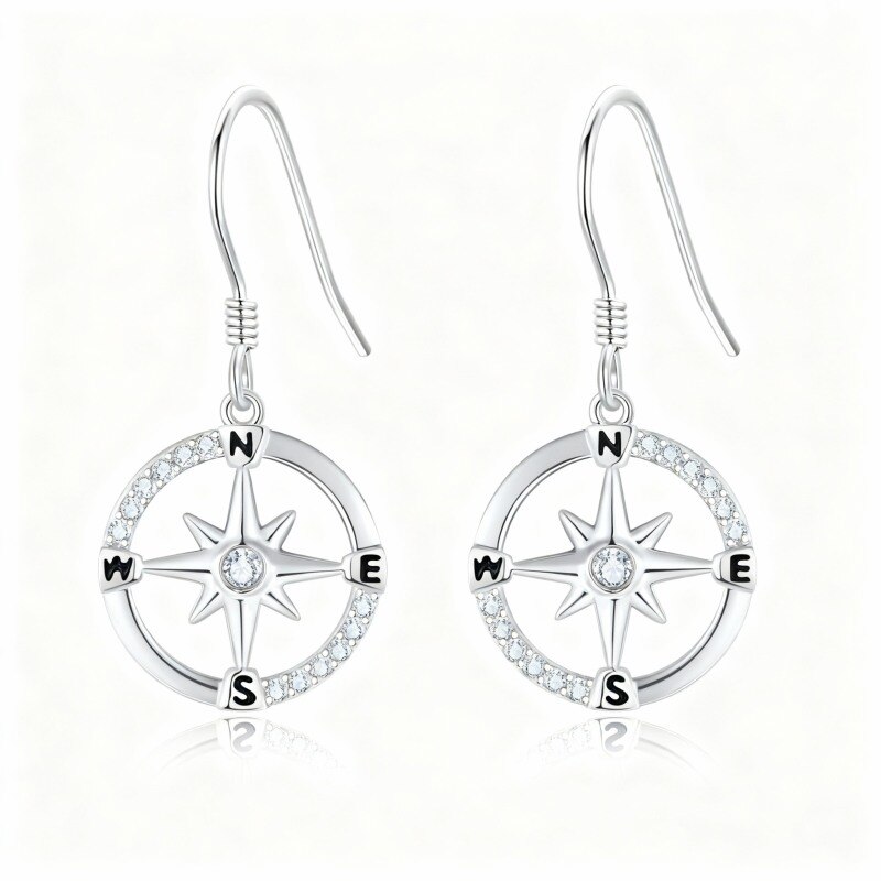 Pendientes colgantes de brújula con circonitas cúbicas en oro blanco de 10 quilates-9