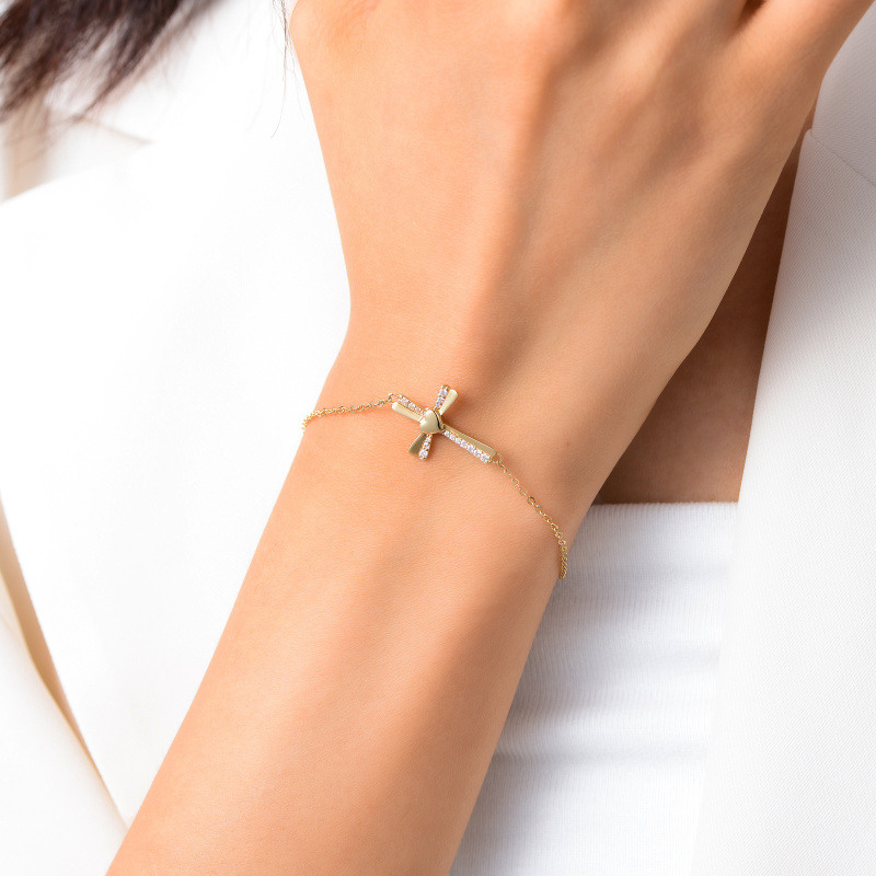 10K Gold Cubic Zirconia Cross Charm Bracelet-3