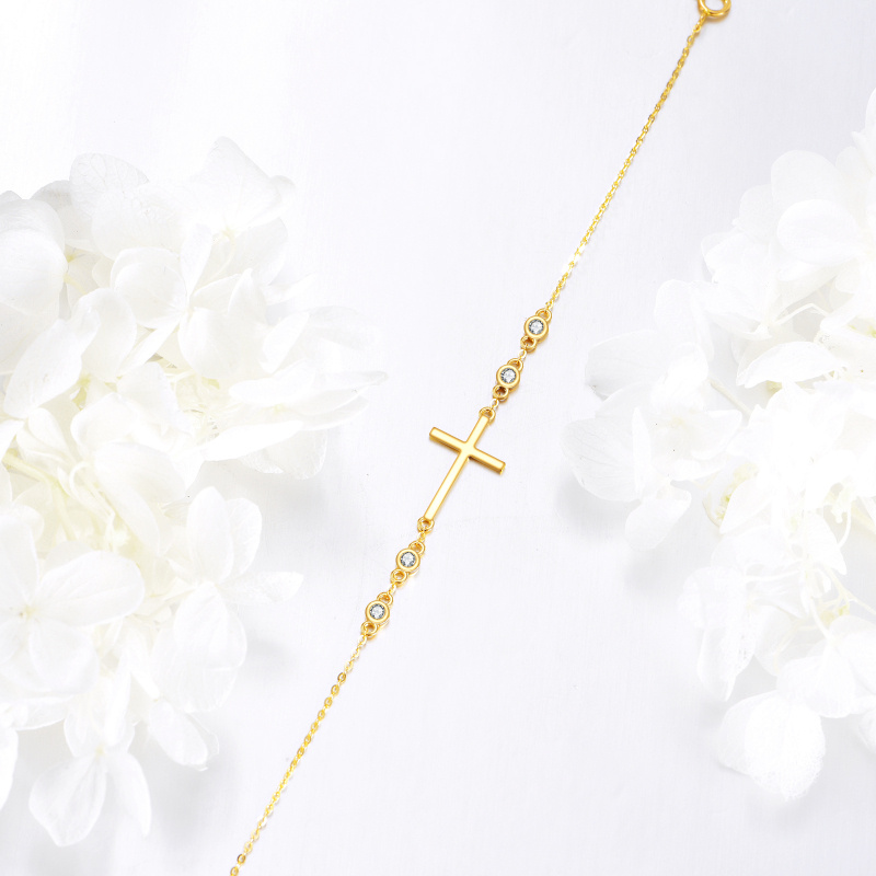 Pulsera con dije de cruz de circonita cúbica en oro de 18 quilates-4
