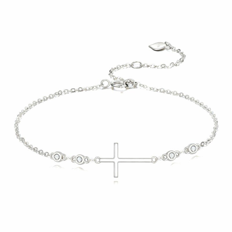 Pulsera con dije de cruz de oro blanco de 14 quilates y circonitas cúbicas-1