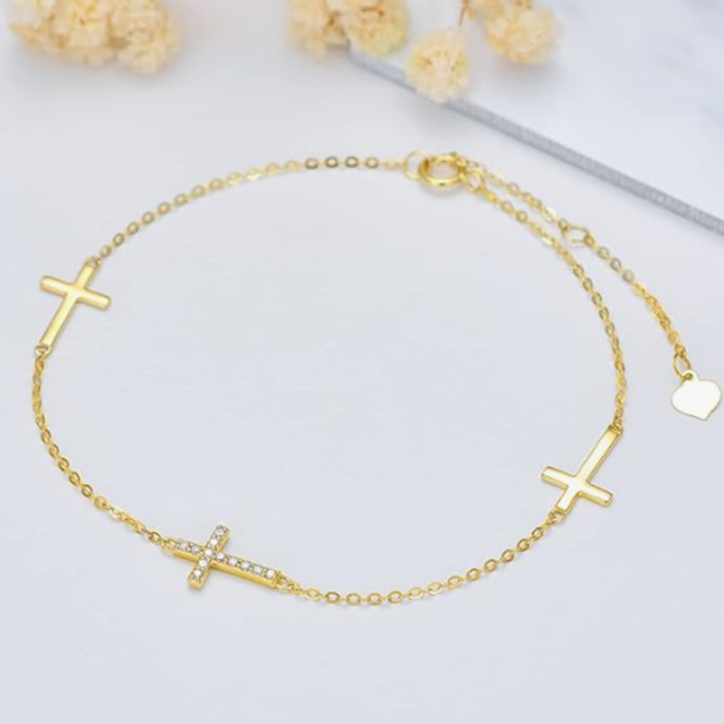 Bracelet croix en or 14 carats et zirconiums cubiques pour femme-3
