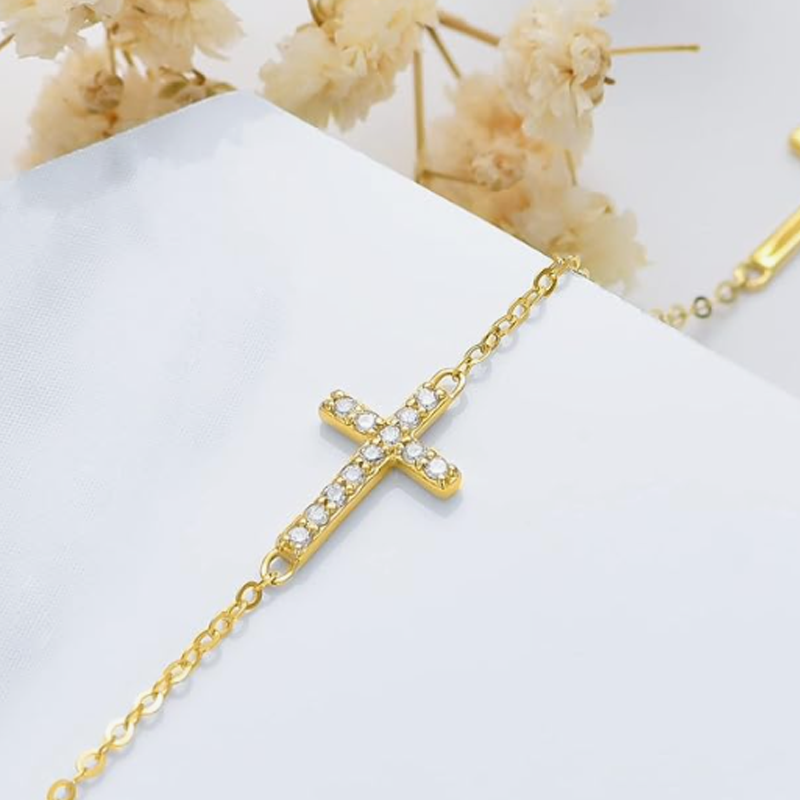 Bracelet croix en or 14 carats et zirconiums cubiques pour femme-4