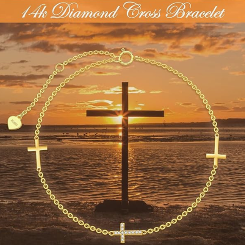 Bracelet croix en or 14 carats et zirconiums cubiques pour femme-5