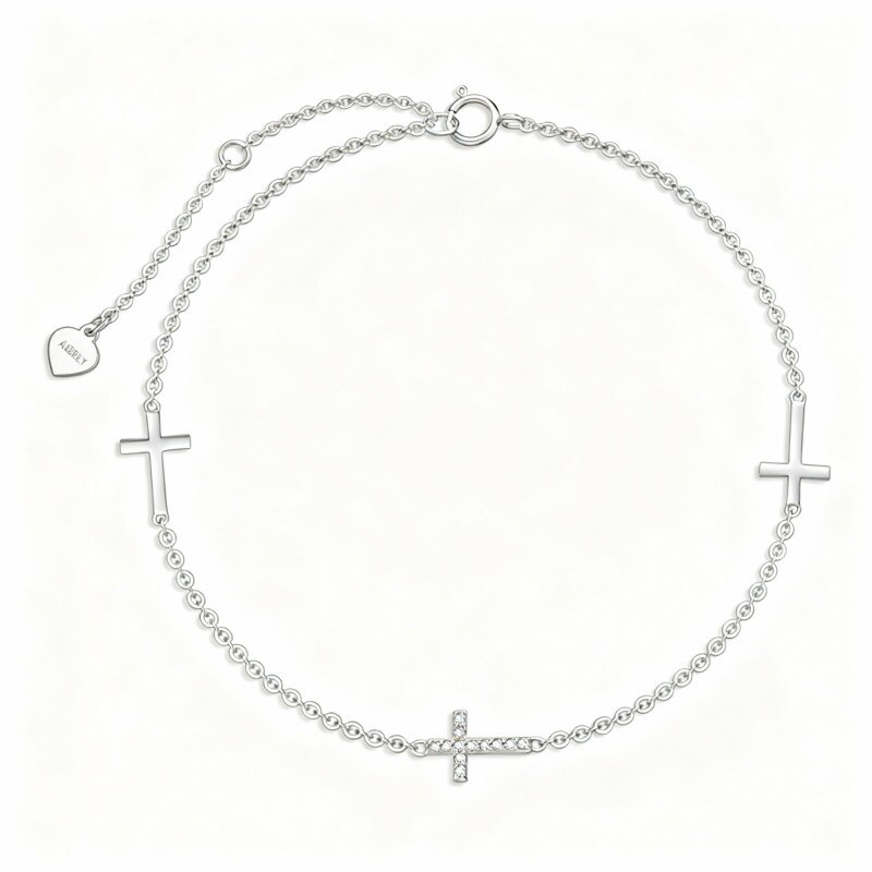 10K White Gold Cubic Zirconia Cross Charm Bracelet-1