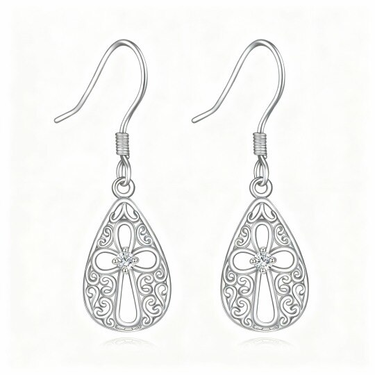Boucles d'oreilles pendantes en forme de croix en or blanc 10 carats et zirconiums cubiques
