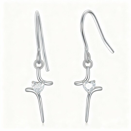 Boucles d'oreilles pendantes en forme de croix en or blanc 10 carats et zirconiums cubiques