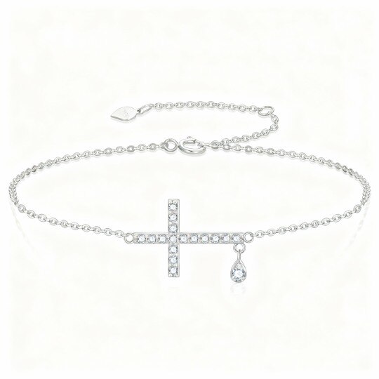 Pulsera de oro blanco de 10 quilates con dije de cruz y gota de circonita cúbica.